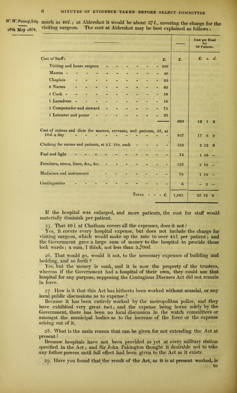 W. W. Veasey,Esq. 26th May 1868. 6 MINUTES OF EVIDENCE TAKEN BEFORE SELECT COMMITTEE much as 40?.; at Aldershot it would he about 37?., covering the charge for the visiting surgeon. The cost at Aldershot may be best explained as follows : — Cost per Head for 50 Patients. Cost of Staff: £. £. £. s. d. Visiting and house surgeon ----- - 300 Matron --------- Chaplain - -- -- -- - 3 Nurses - 1 Cook --------- 1 Laundress -------- 1 Compounder and steward ----- - 75 1 Labourer and porter ------ - 32 603 12 1 2 Cost of rations and diets for matron, servants, and patients, 57, at lOi a day - -- -- -- - 867 17 6 9 Clothing- for nurses and patients, at 2 /. 10s. each - 132 2 12 9 Fuel and light - -- -- -- - 75 1 10 - Furniture, stores, linen, &c., &c. ----- - 125 2 10 - Medicines and instruments ----- - 75 1 10 - Contingencies - -- -- -- - 5 - 2 - Total - - - £. 1,862 37 12 8 If the hospital was enlarged, and more patients, the cost for staff would materially diminish per patient. 25. That 40 l. at Chatham covers all the expenses, does it not ? Yes, it covers every hospital expense, but does not include the charge for visiting surgeon, which would make up the rate to over 45?. per patient; and the Government gave a large sum of money to the hospital to provide those lock wards; a sum, I think, not less than 5,700?. 26. That would go, would it not, to the necessary expenses of building and bedding, and so forth ? Yes, but the money is sunk, and it is now the property of the trustees, whereas if the Government had a hospital of their own, they could use that hospital for any purpose, supposing the Contagious Diseases Act did not remain in force. 27. How is it that this Act has hitherto been worked without scandal, or any local public discussions as to expense ? Because it has been entirely worked by the metropolitan police, and they have exhibited very great tact; and the expense being borne solely by the Government, there has been no local discussion in the watch committees or amongst the municipal bodies as to the increase of the force or the expense arising out of it. 28. What is the main reason that can be given for not extending the Act at present ? Because hospitals have not been provided as yet at every military station specified in the Act; and Sir John Pakington thought it desirable not to take any futher powers until full effect had been given to the Act as it exists. 29. Have you found that the result of the Act, as it is at present worked, is to