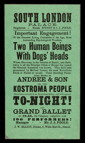 [Undated handbill (1874) for an exhibition of Andree & Son, or the Kostroma people : "Two human beings with dogs' heads" at the South London Palace. Printed on green paper].