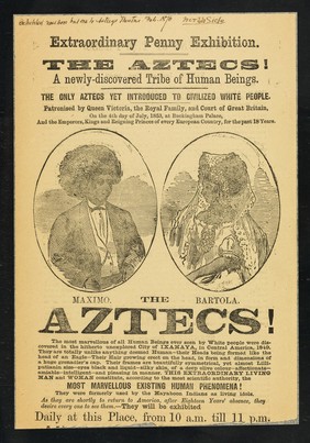 [Undated (1876?) illustrated handbill advertising an exhibition of Maximo and Bartola, the Aztec Lilliputians from Iximaya in central America].