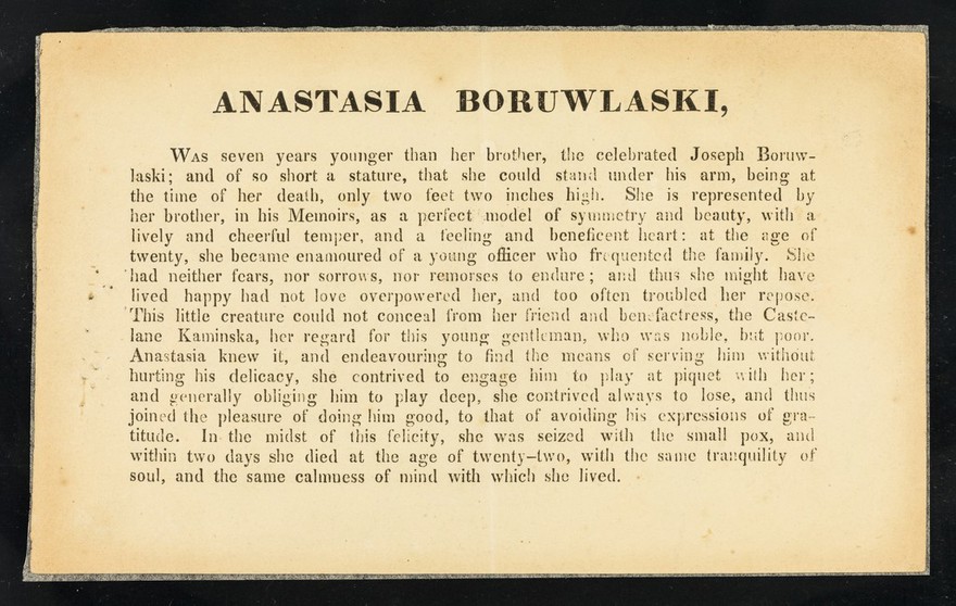 [Leaflet (September 1894) giving a brief account ot the life of Anastasia Boruwlaski, sister to the celebrated dwarf, Josef Boruwlaski].