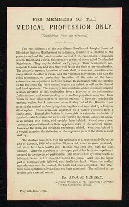 [Leaflet (8 June 1880) about the conjoined twin girls, Rosalie and Josepha Blazek.  ].