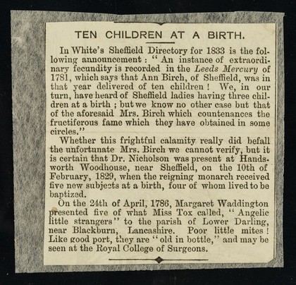 [Newspaper cutting about multiple births ('Ten children at a birth') in Blackburn (1786) and Sheffield (1833)].