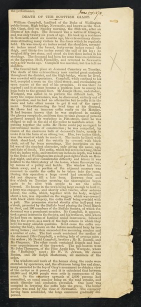 [1878 newspaper report of the funeral of William Campbell, the Scottish Giant at Jesmond Cemetary].