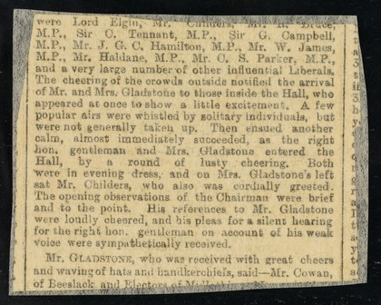 [Newspaper clipping (1880) advertising an appearance by Chang, the Fychow giant and Professor Cross, phrenologist at the Royal Aquarium, London and King Theebaw's sacred Burmese hairy family at the Piccadilly Hall, London].