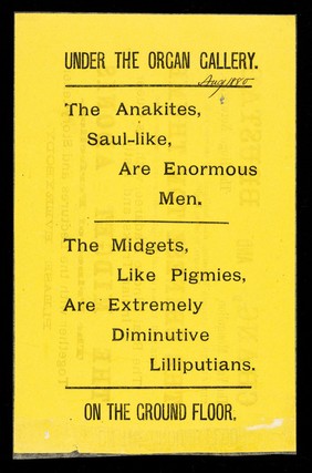 [Undated handbill (August 1880?) advertising appearances at the Royal Aquarium, London by Chang, the vast Mongolian, accompanied by Henrik Brustad, the huge Norwegian, the Chinese Tom Thumb, the midget Adonis, the Anakites (giants) and midgets. Printed on yellow paper].