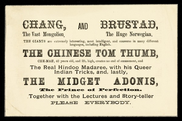 [Undated handbill (August 1880?) advertising appearances at the Royal Aquarium, London by Chang, the vast Mongolian, accompanied by Henrik Brustad, the huge Norwegian, the Chinese Tom Thumb, the midget Adonis, the Anakites (giants) and midgets. Printed on off-white paper].
