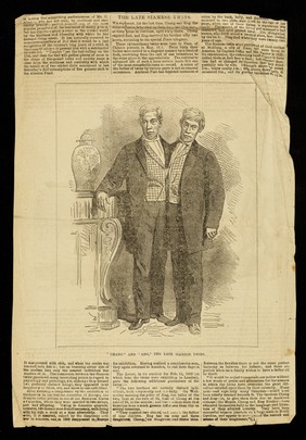 [Newspaper clipping (1874?) featuring an illustration of 'The Siamese Twins' Chang and Eng and the report of their death with an obituary].