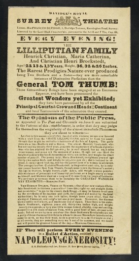 [Undated handbill advertising an appearance at Davidge's Royal Surrey Theatre (Lambeth, London) by the German Lilliputian Family and General Tom Thumb].