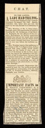 [Newspaper cutting (1848?) noting the exhibition of Joachim Eleizegui, The Spanish Giant, at the Cosmorama Rooms, Regent Street, London. There are others about the Royal Polytechnic Institution, Regent Street, Grimstone's Aromatic Regenerator (hair restorer) and J. D. Carr and Co.'s nutritious and health giving biscuits].