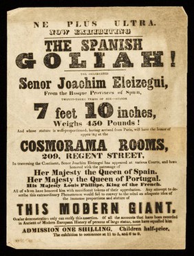 [Undated handbill (1848?) noting the exhibition of Joachim Eleizegui, The Spanish Giant, at the Cosmorama Rooms, Regent Street, London].