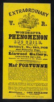 [Victorian handbill (May 24th 1852) advertising 21 year old Madame Fortunne of Geneva and her 4 inch long, bushy, black beard, on exhibition at Linwood Gallery, Leicester Square, London. ].