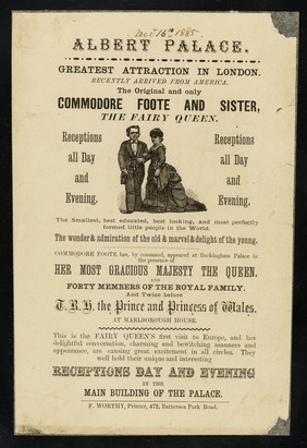 [Undated handbill (November 1885?) advertising an appearance at the Albert Palace, London by "little people" Commodore Foote (CHarles Nestel) and his sister Eliza (the Fairy Queen)].