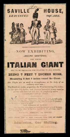 [Undated handbill (London, 1851?) advertising an appearance by Joseph Gantonio, the young Italian giant, at Saville House, Leicester Square, London].