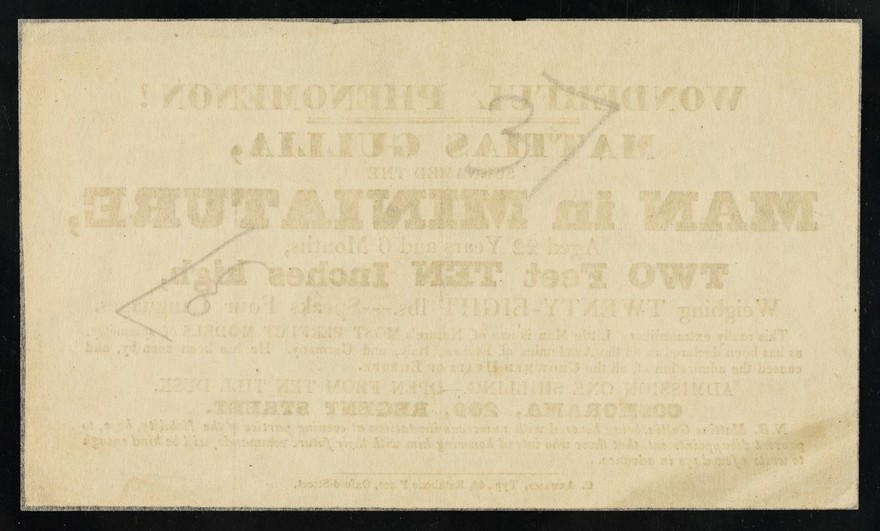 [Undated handbill (London, 1837?) advertising an appearance by Matthias Gullia, the man in miniature, 2 feet 10 inches, at Cosmorama, 209 Regent Street, London].