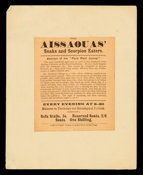 [Undated handbill advertising "the Aïssaouas' snake and scorpion eaters" ].