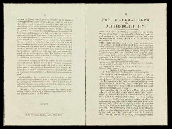 [Pages 13-16 (1860s?) from a leaflet / catalgue (?) about 'The Heteradelph, or, Double-bodied Boy' on display at Dr. Kahn's Museum near Leicester Square, London].