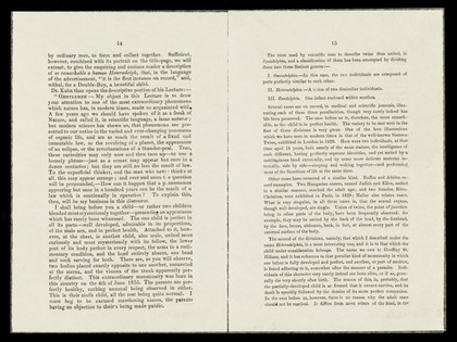 [Pages 13-16 (1860s?) from a leaflet / catalgue (?) about 'The Heteradelph, or, Double-bodied Boy' on display at Dr. Kahn's Museum near Leicester Square, London].