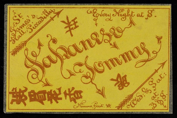 [Small, undated handbill printed in red on yellow paper advertising Japanese Tommy at St. James's Hall, Piccadilly, London].