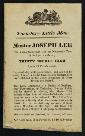 [Undated handbill advertising an exhibition of Master Joseph Lee, the Yorkshire Little Man].