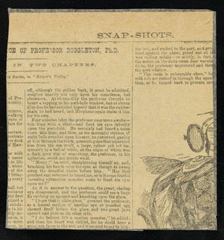 [Newspaper cutting, "A soft snap" (in the series 'snap-shots') featuring a cartoon and a Living Skeleton and a Wild Man of Borneo talking about a Two-Headed Man. ].