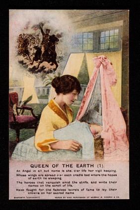 [Postcard (Queen of the Earth 1) showing a young woman gazing at a baby in a crib while thinking of soldiers charging on horseback on the battlefield].