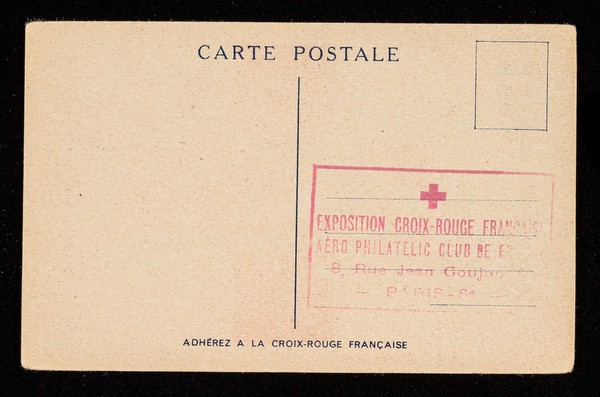 [Postcard showing a Red Cross nurse sheltering a young boy and girl with her cape (secours à l'enfance malheureuse) in front of a large red cross].