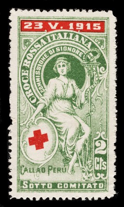 [2 cents charity stamp showing a woman, a red cross below her right hand and a standard (?) / staff in her left. Dated 23 May 1915with reference to Callao in Peru].