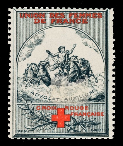 [French Red Cross charity stamp showing a deity riding a chariot drawn by 4 horses through clouds ("Advolat auxilium")].