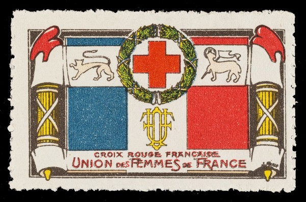 [French charity stamp incorporating the French tricolore flag, Red Cross in a circular wreath and other devices].