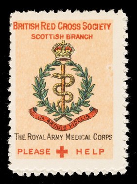 [3 fund raising stickers for the British Red Cross Society Scottish Branch featuring the arms of the Royal Army Medical Corps, Highland Light Infantry and the Royal Scots Fusiliers].