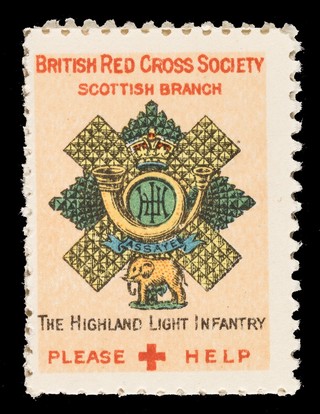 [3 fund raising stickers for the British Red Cross Society Scottish Branch featuring the arms of the Royal Army Medical Corps, Highland Light Infantry and the Royal Scots Fusiliers].