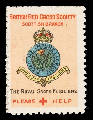 [3 fund raising stickers for the British Red Cross Society Scottish Branch featuring the arms of the Royal Army Medical Corps, Highland Light Infantry and the Royal Scots Fusiliers].