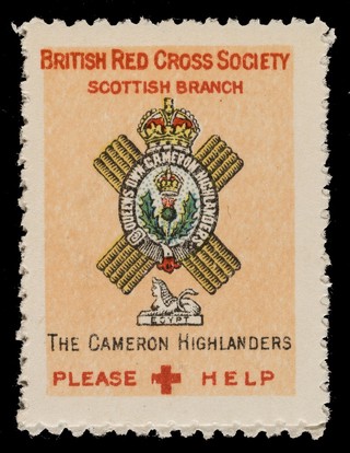 [3 fund raising stickers for the British Red Cross Society Scottish Branch featuring the arms of the Cameron Highlanders, Black Watch and the Cameronians (Scottish Rifles)].