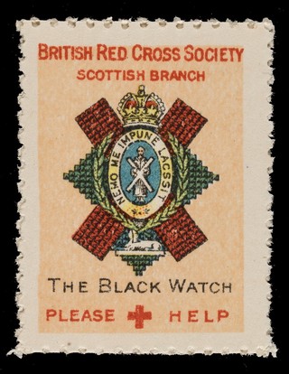 [3 fund raising stickers for the British Red Cross Society Scottish Branch featuring the arms of the Cameron Highlanders, Black Watch and the Cameronians (Scottish Rifles)].