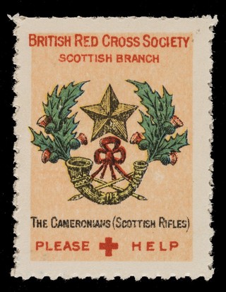 [3 fund raising stickers for the British Red Cross Society Scottish Branch featuring the arms of the Cameron Highlanders, Black Watch and the Cameronians (Scottish Rifles)].