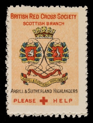 [3 fund raising stickers for the British Red Cross Society Scottish Branch featuring the arms of the Argyll & Sutherland Highlanders, Seaforth Highlanders and the Royal Scots].