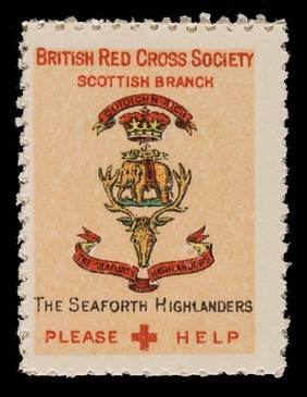 [3 fund raising stickers for the British Red Cross Society Scottish Branch featuring the arms of the Argyll & Sutherland Highlanders, Seaforth Highlanders and the Royal Scots].