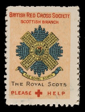 [3 fund raising stickers for the British Red Cross Society Scottish Branch featuring the arms of the Argyll & Sutherland Highlanders, Seaforth Highlanders and the Royal Scots].