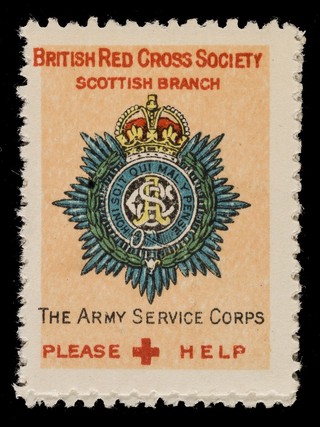 [3 fund raising stickers for the British Red Cross Society Scottish Branch featuring the arms of the Army Service Corps, The Gordon Highlanders and the King's Own Scottish Borderers].