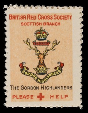 [3 fund raising stickers for the British Red Cross Society Scottish Branch featuring the arms of the Army Service Corps, The Gordon Highlanders and the King's Own Scottish Borderers].