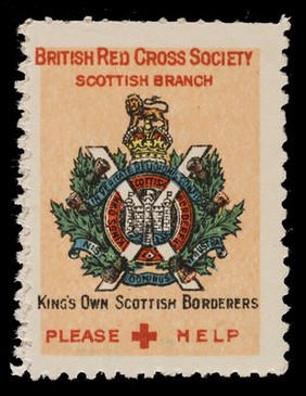 [3 fund raising stickers for the British Red Cross Society Scottish Branch featuring the arms of the Army Service Corps, The Gordon Highlanders and the King's Own Scottish Borderers].
