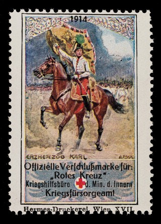 [Fund raising sticker for the Austrian Red Cross featuring Karl Erzherzog].