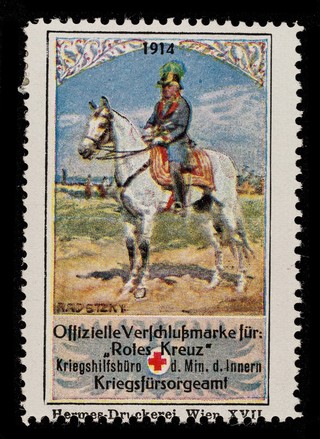 [Fund raising sticker for the Austrian Red Cross featuring Radstzky (?)].