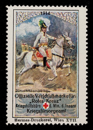 [Fund raising sticker for the Austrian Red Cross featuring Schwarzenberg].