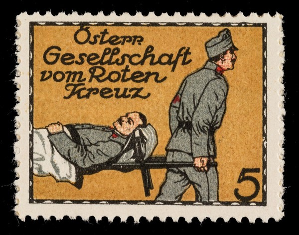 [5 fund raising stickers for the Austrian Red Cross featuring rehabilitation, nursing and transport of wounded soldiers].