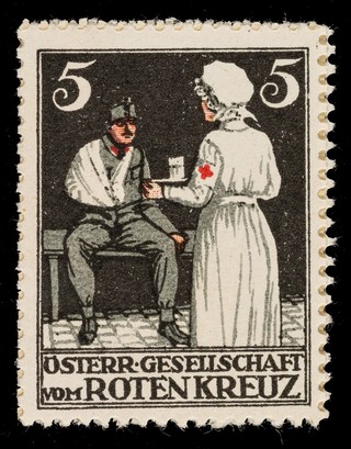 [5 fund raising stickers for the Austrian Red Cross featuring rehabilitation, nursing and transport of wounded soldiers].