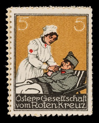 [5 fund raising stickers for the Austrian Red Cross featuring rehabilitation, nursing and transport of wounded soldiers].