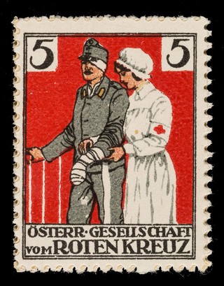 [5 fund raising stickers for the Austrian Red Cross featuring rehabilitation, nursing and transport of wounded soldiers].
