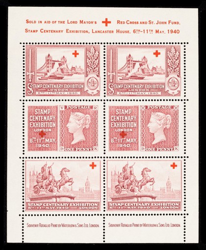 [Multiple sheet of 6 perforated 'stamp' stickers "sold in aid of the Lord Mayor's Red Cross and St. John Fund." Printed in magenta].