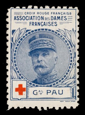 [Stamp-like sticker sold to raise funds for the French Red Cross. Bearing a portrait of: Gal. Pau].